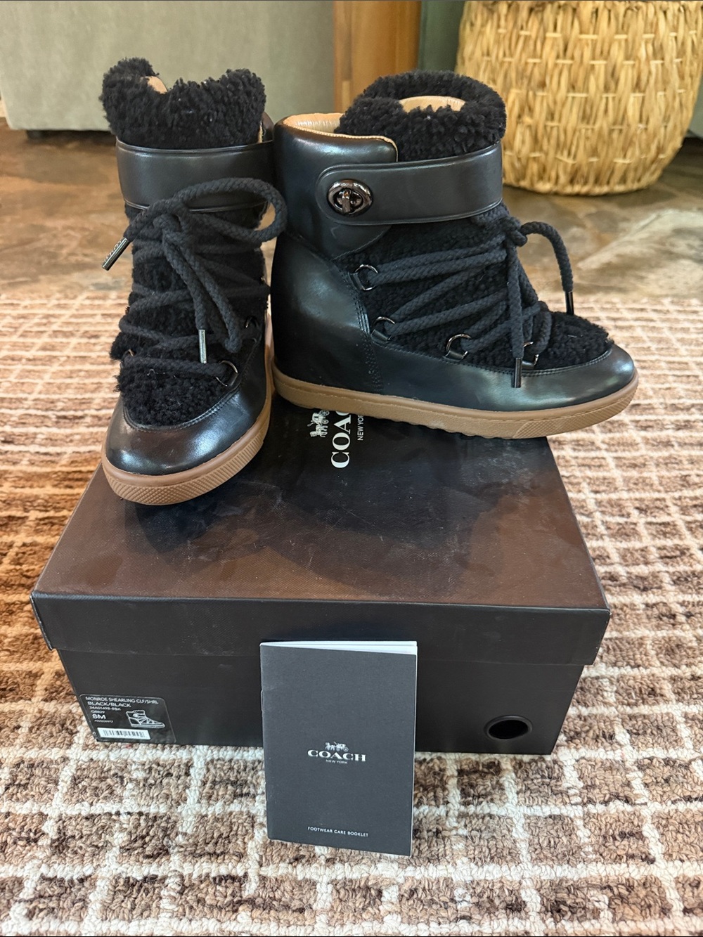 Coach Monroe Black Leather Shearling-Lined Lace-Up Wedge Boot Sneakers